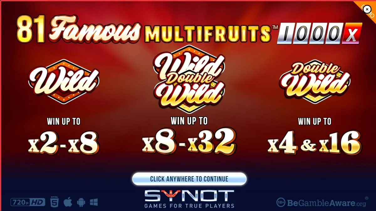 Tampilan visual slot 81 Famous Multifruits 1000 dengan simbol buah dan neon