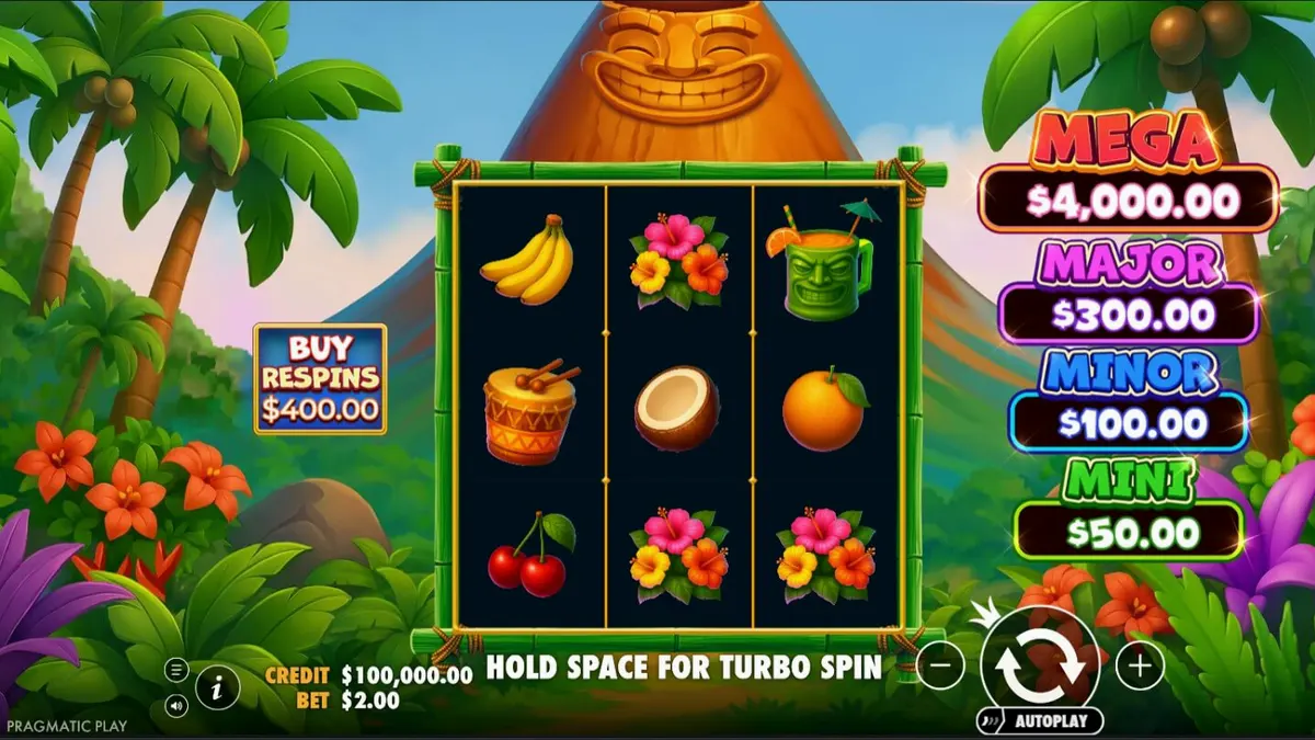 Tampilan visual slot Super Tiki Strike dengan tema pulau tropis
