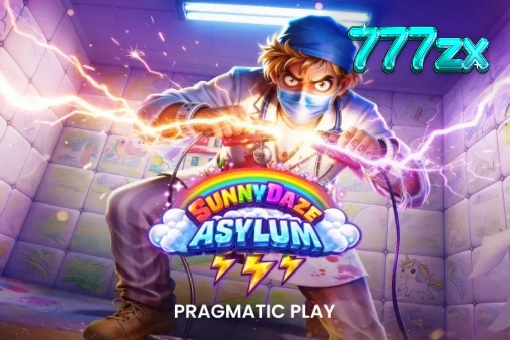 Tampilan visual slot Sunnydaze Asylum dengan tema neon dan rumah sakit jiwa